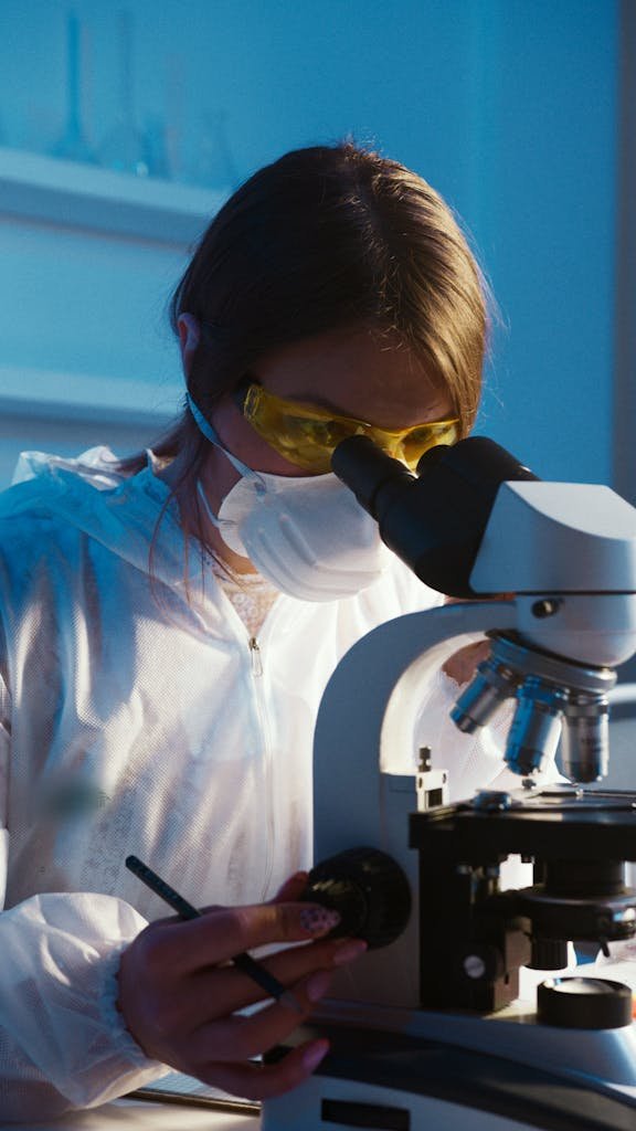 Photo by Artem Podrez A female scientist examines a sample using a microscope in a laboratory setting.